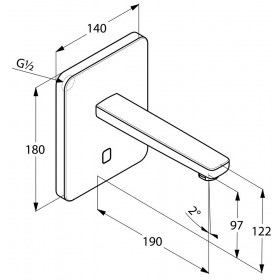 Фото 1 KLUDI ZENTA электронный смеситель для умывальника, настен. монтаж, питание от сети 240В или батарейки, дл.излива 190 мм, без рычага изменения температуры, квадратн. отражатель