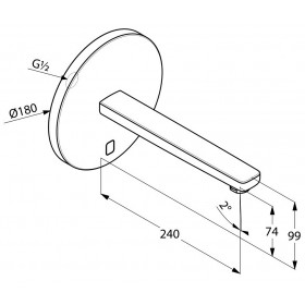 Фото 1 KLUDI ZENTA электронный смеситель для умывальника, настен. монтаж, питание от сети 240В или батарейки, дл.излива 240 мм, без рычага изменения температуры, круглый отражатель